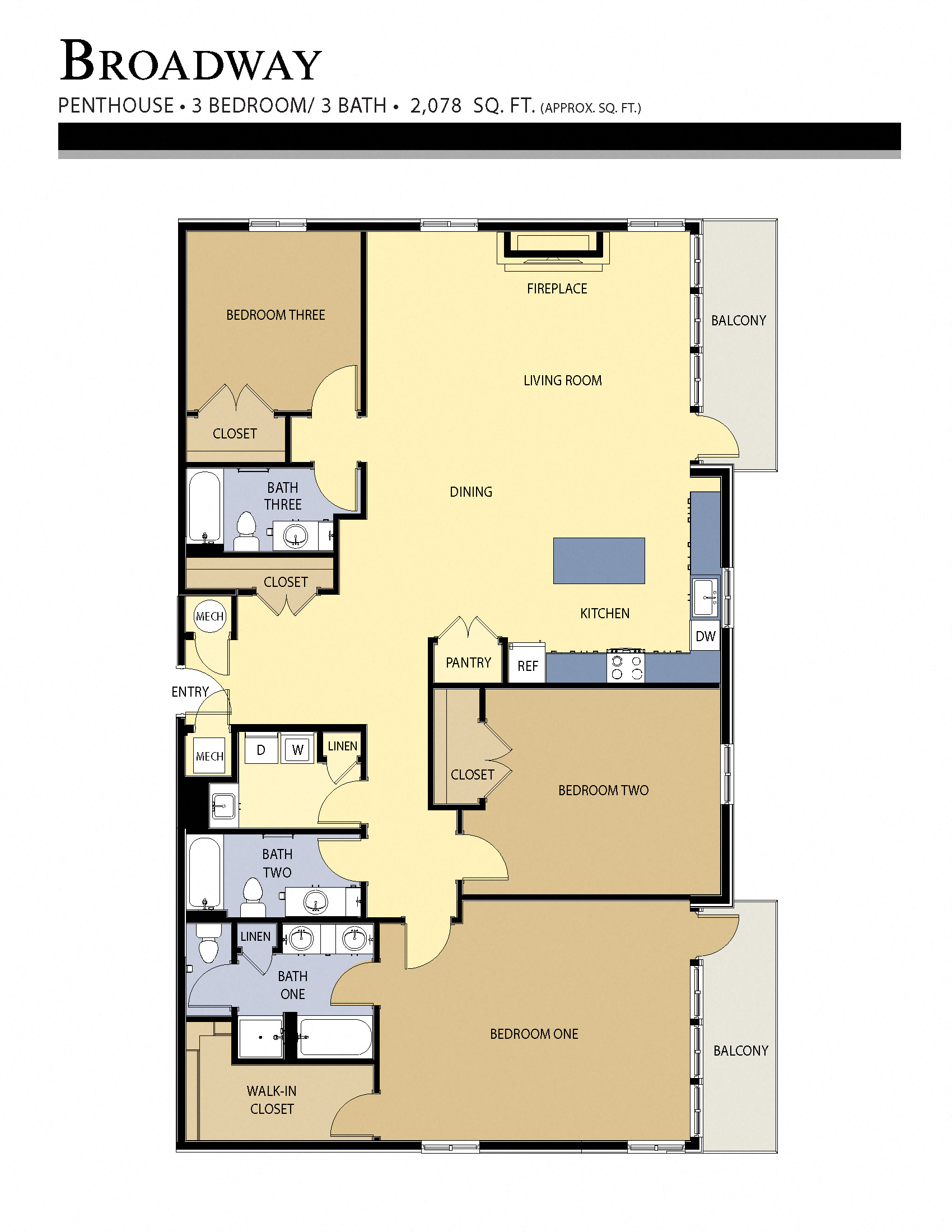 Floor plan for 3 beds, 3 baths, 2078 sqft